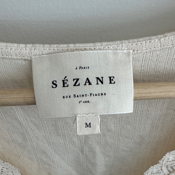 Sézane Women’s Jamie T-shirt Cream Button V-neck Top Lace Short Sleeve Size M - Picture 9 of 10